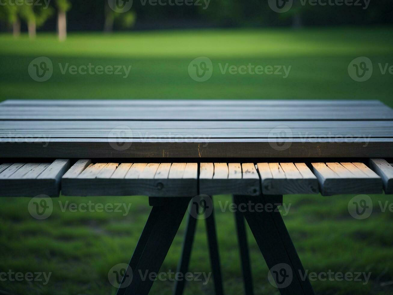 Wooden table and blur tropical green grass background, product display montage. High quality photo 8k FHD AI generated