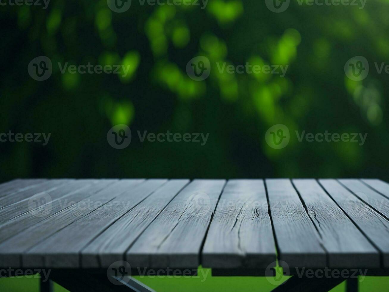 Wooden table and blur tropical green grass background, product display montage. High quality photo 8k FHD AI generated