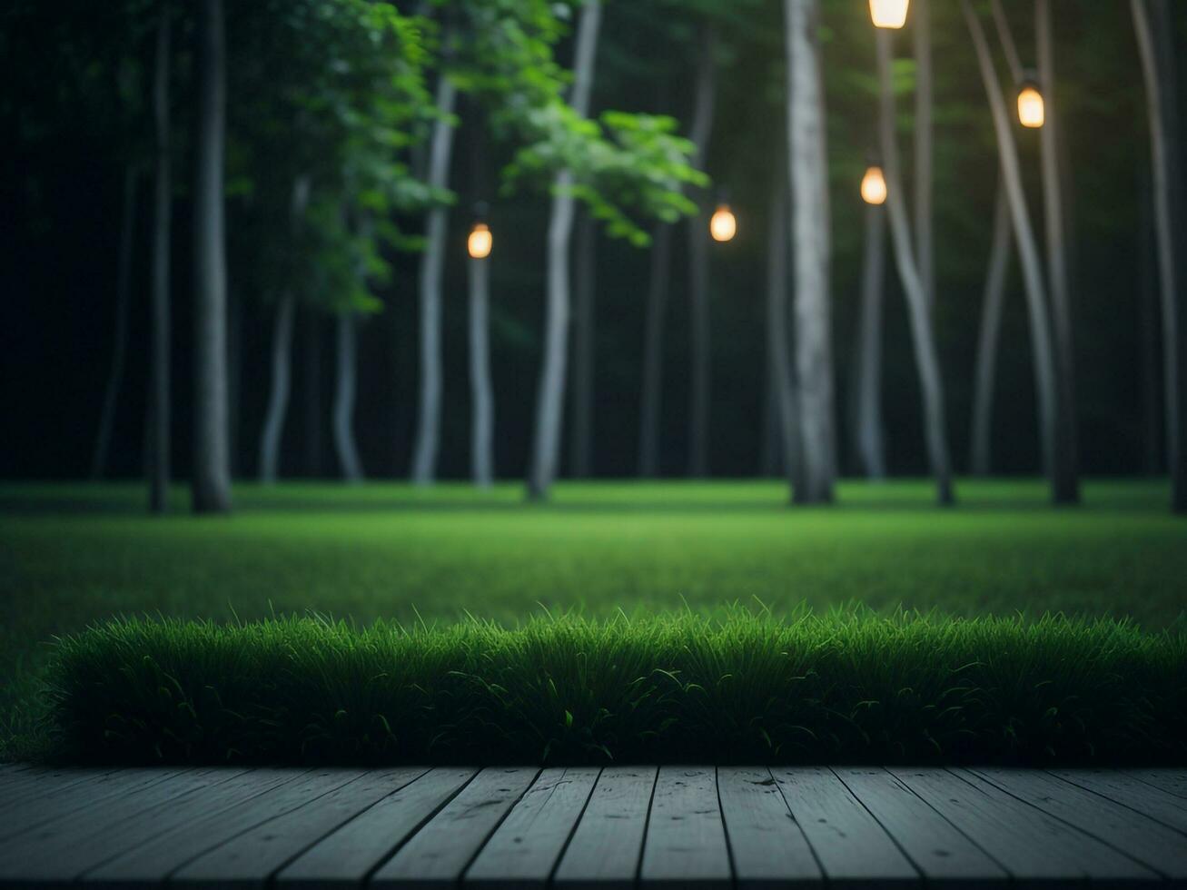 Wooden table and blur tropical green grass background, product display montage. High quality photo 8k FHD AI generated