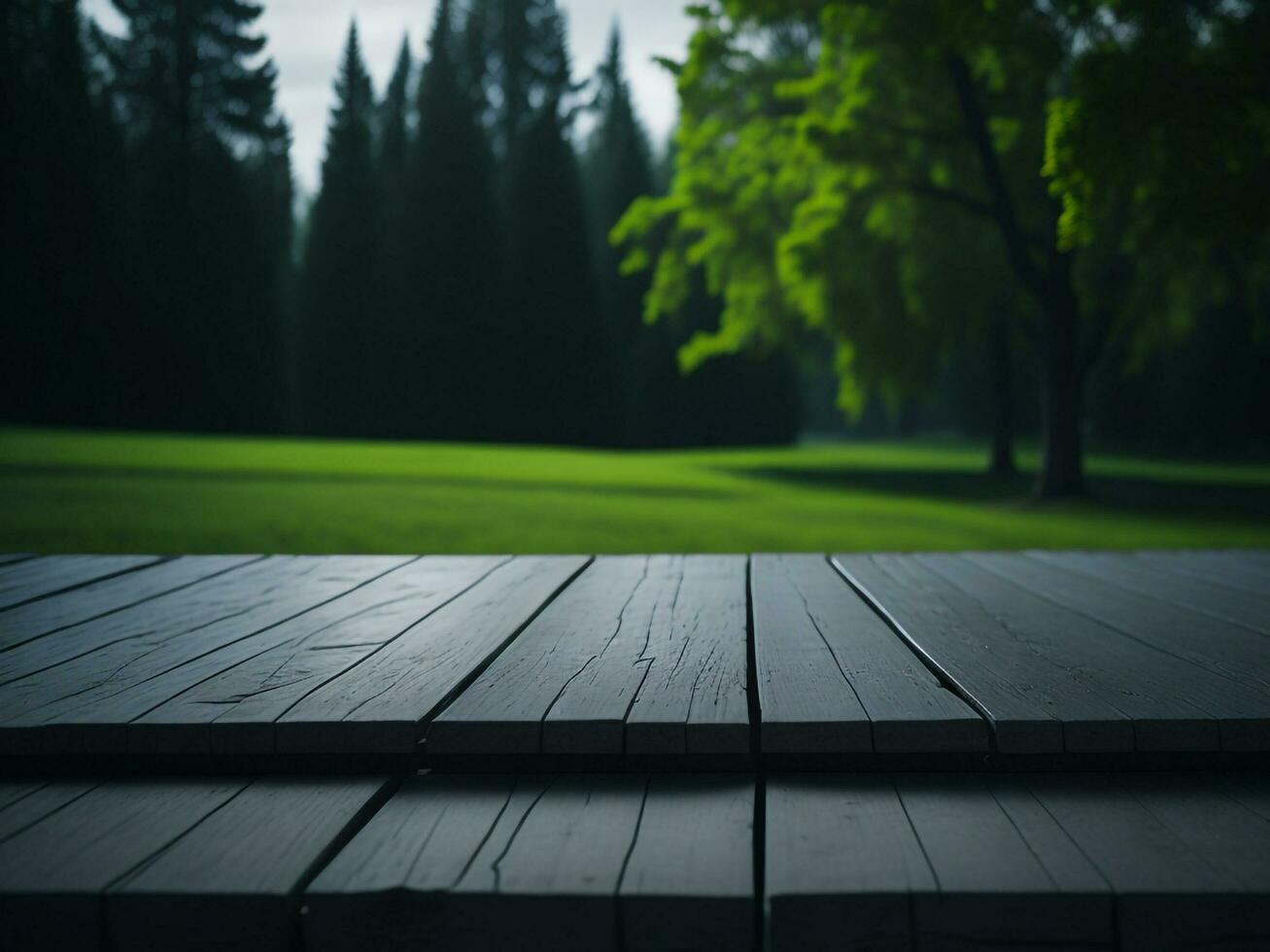 Wooden table and blur tropical green grass background, product display montage. High quality photo 8k FHD AI generated