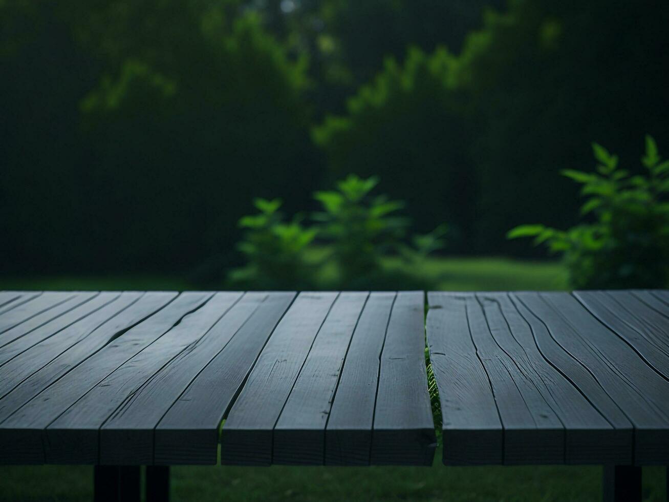 Wooden table and blur tropical green grass background, product display montage. High quality photo 8k FHD AI generated