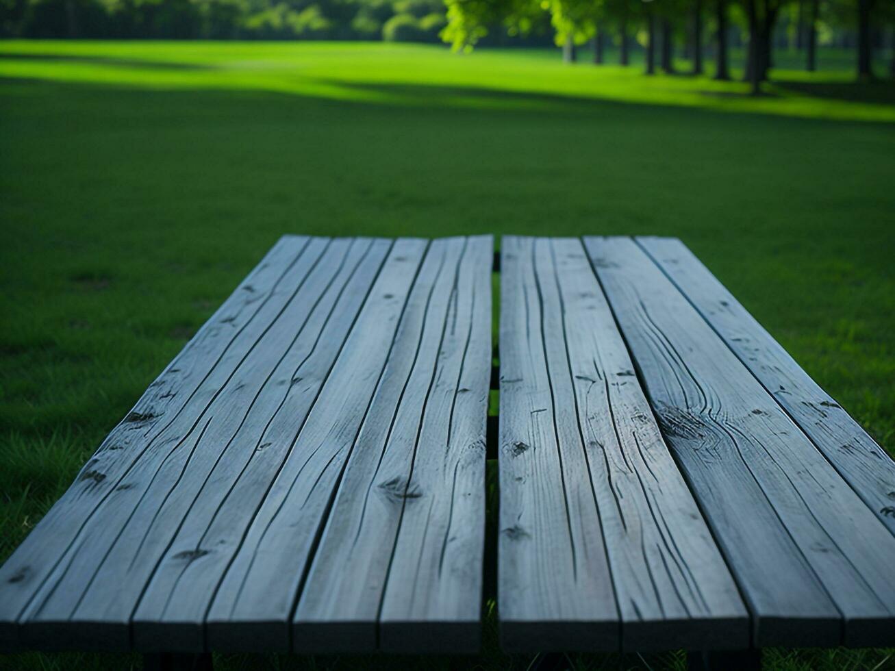 Wooden table and blur tropical green grass background, product display montage. High quality photo 8k FHD AI generated