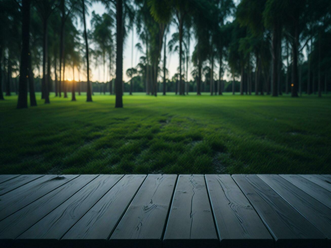 Wooden table and blur tropical green grass background, product display montage. High quality photo 8k FHD AI generated