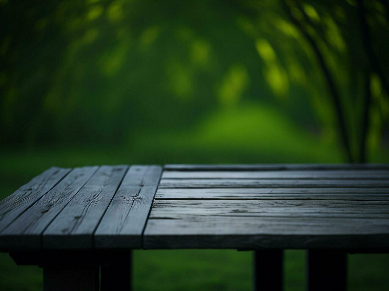 Wooden table and blur tropical green grass background, product display montage. High quality photo 8k FHD AI generated