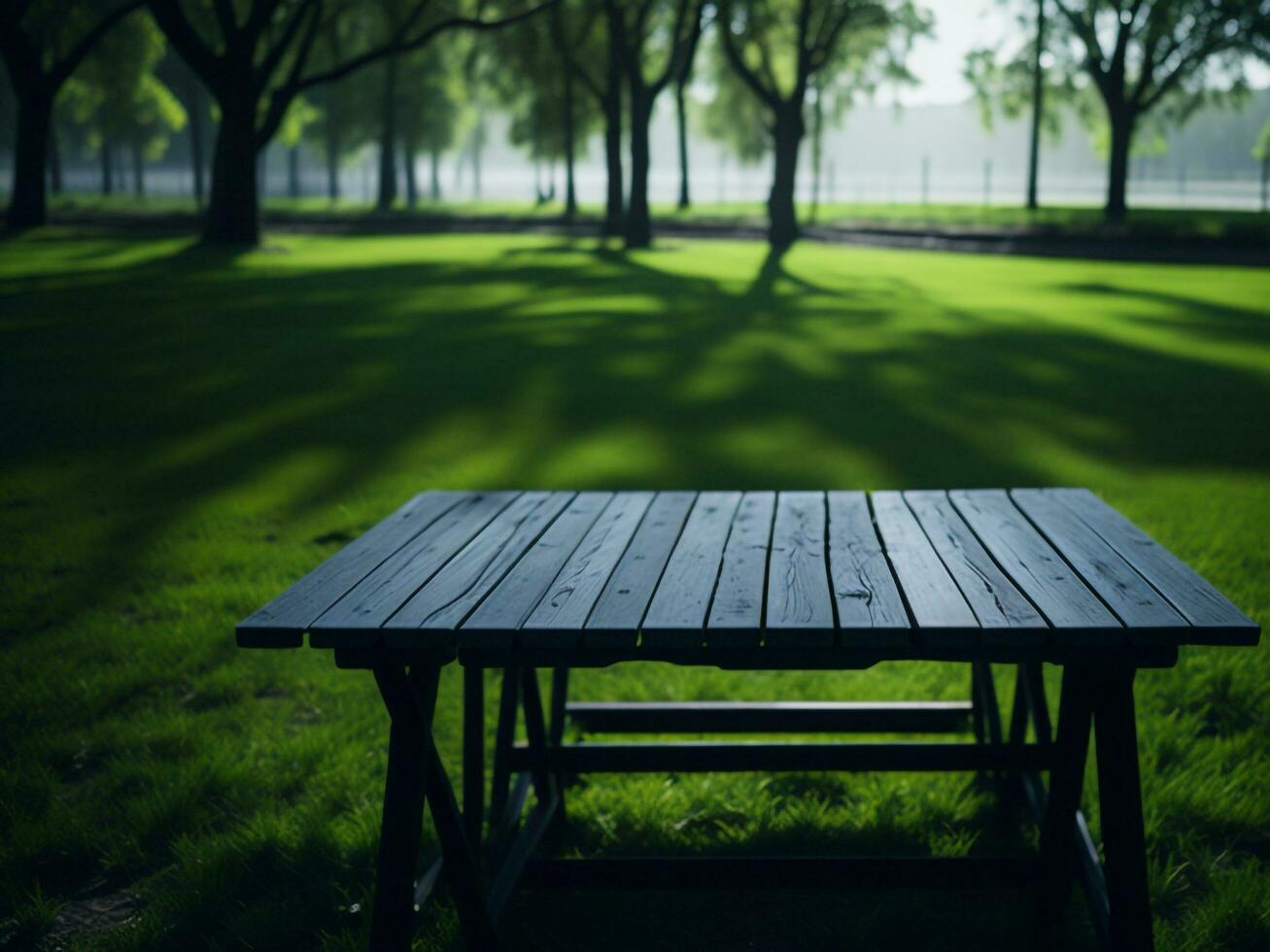 Wooden table and blur tropical green grass background, product display montage. High quality photo 8k FHD AI generated