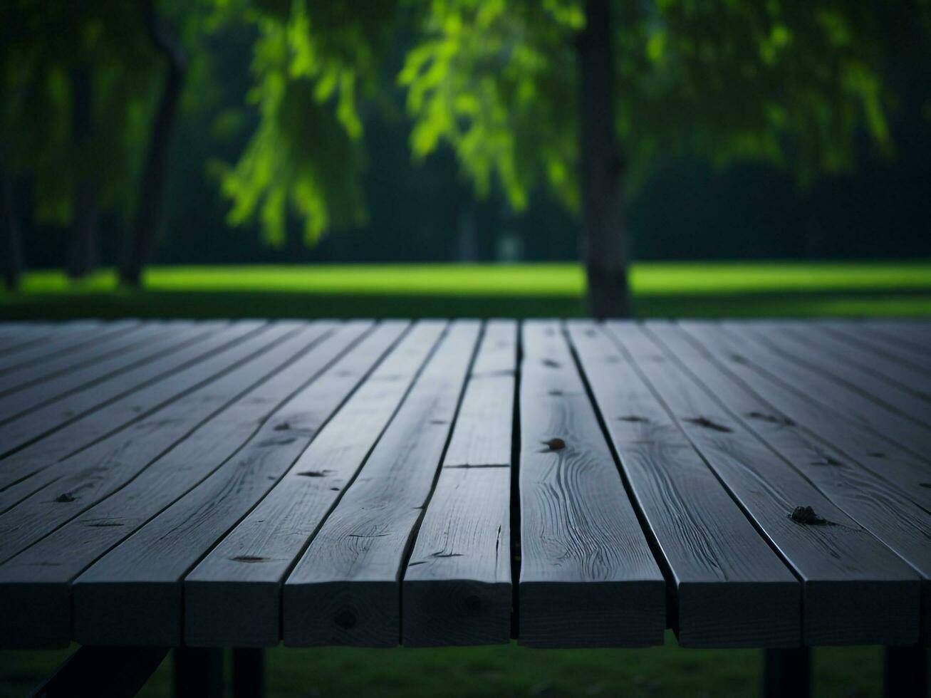 Wooden table and blur tropical green grass background, product display montage. High quality photo 8k FHD AI generated