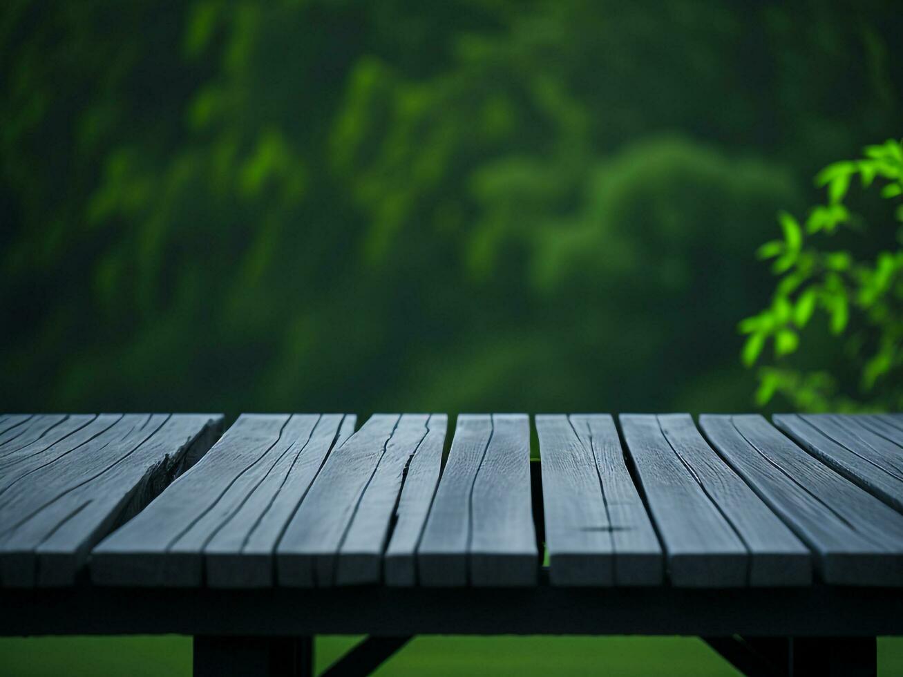 Wooden table and blur tropical green grass background, product display montage. High quality photo 8k FHD AI generated