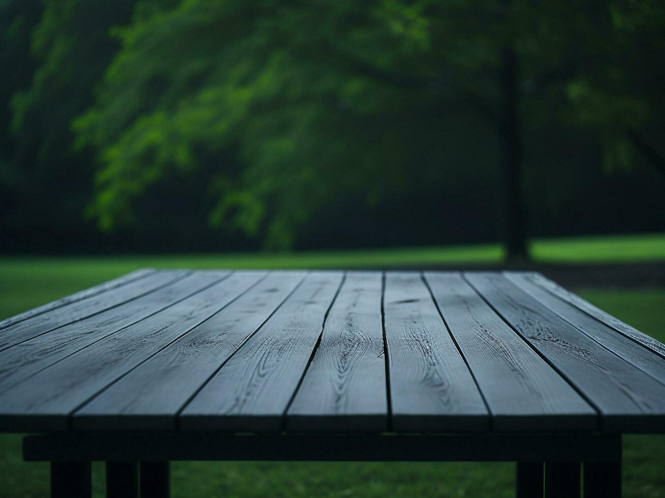 Wooden table and blur tropical green grass background, product display montage. High quality photo 8k FHD AI generated