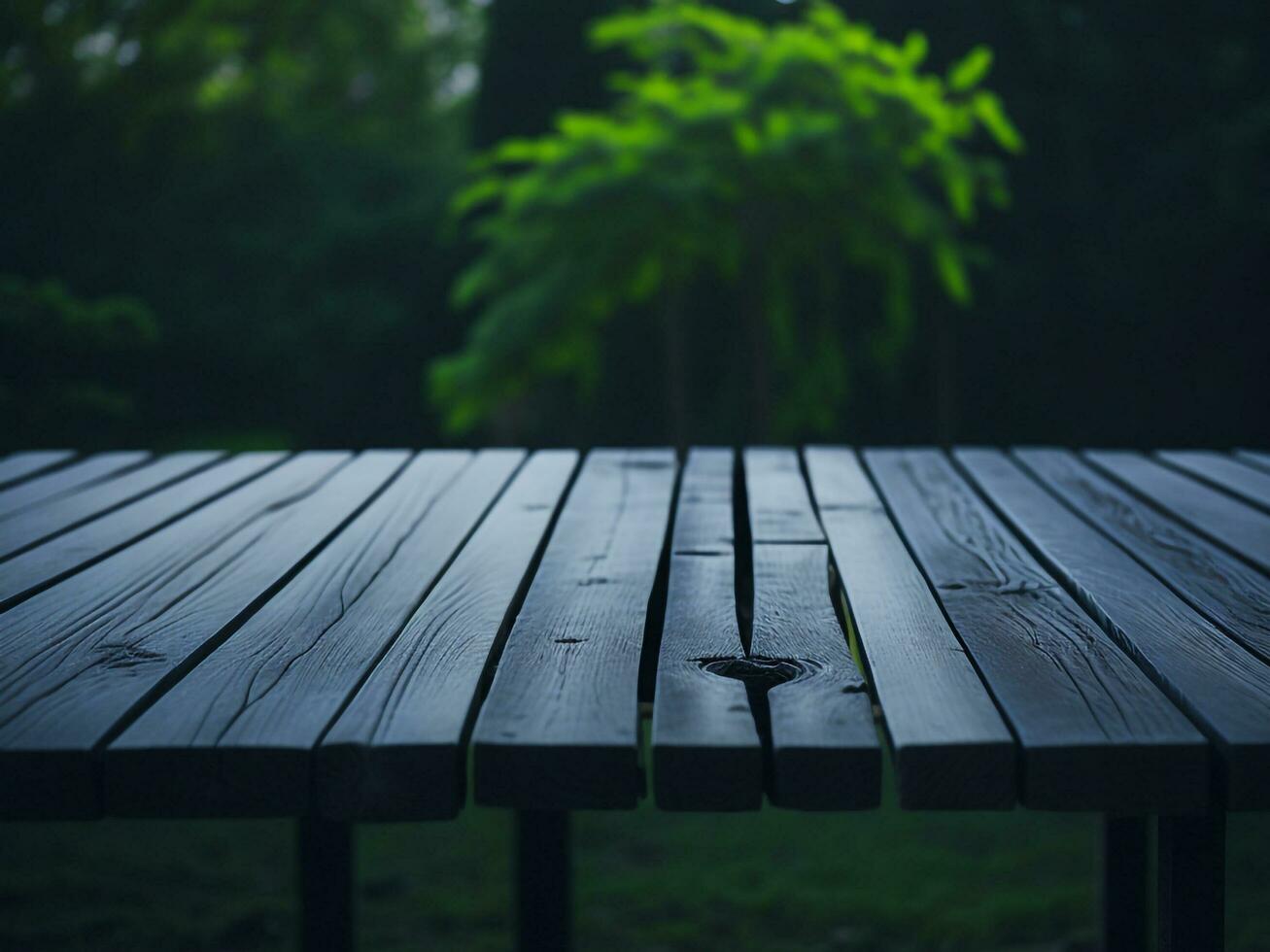 Wooden table and blur tropical green grass background, product display montage. High quality photo 8k FHD AI generated