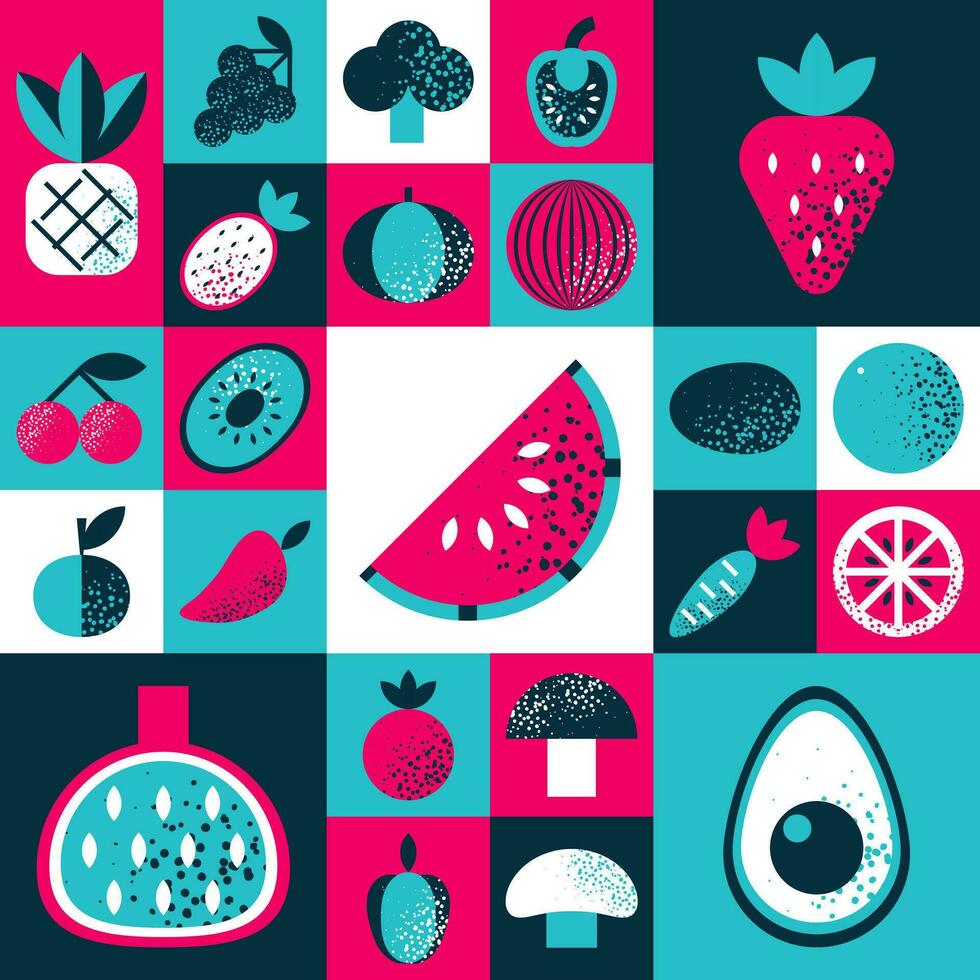 Abstract geometric pattern with various fruits and vegetables in Bauhaus style. Retro grid background. Vintage multicolor mosaic tile with geometric shapes. Texture for textile, web, menu, restaurant vector