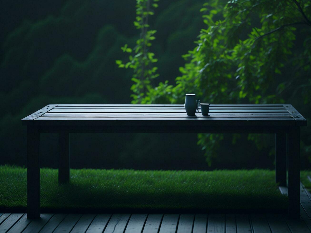 Wooden table and blur tropical green grass background, product display montage. High quality photo 8k FHD AI generated