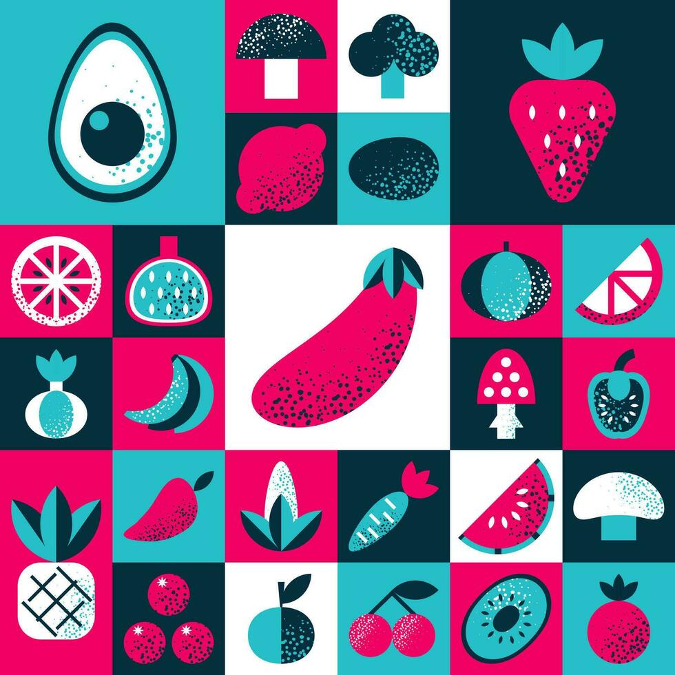 Abstract geometric pattern with various fruits and vegetables in Bauhaus style. Retro grid background. Vintage multicolor mosaic tile with geometric shapes. Texture for textile, web, menu, restaurant vector