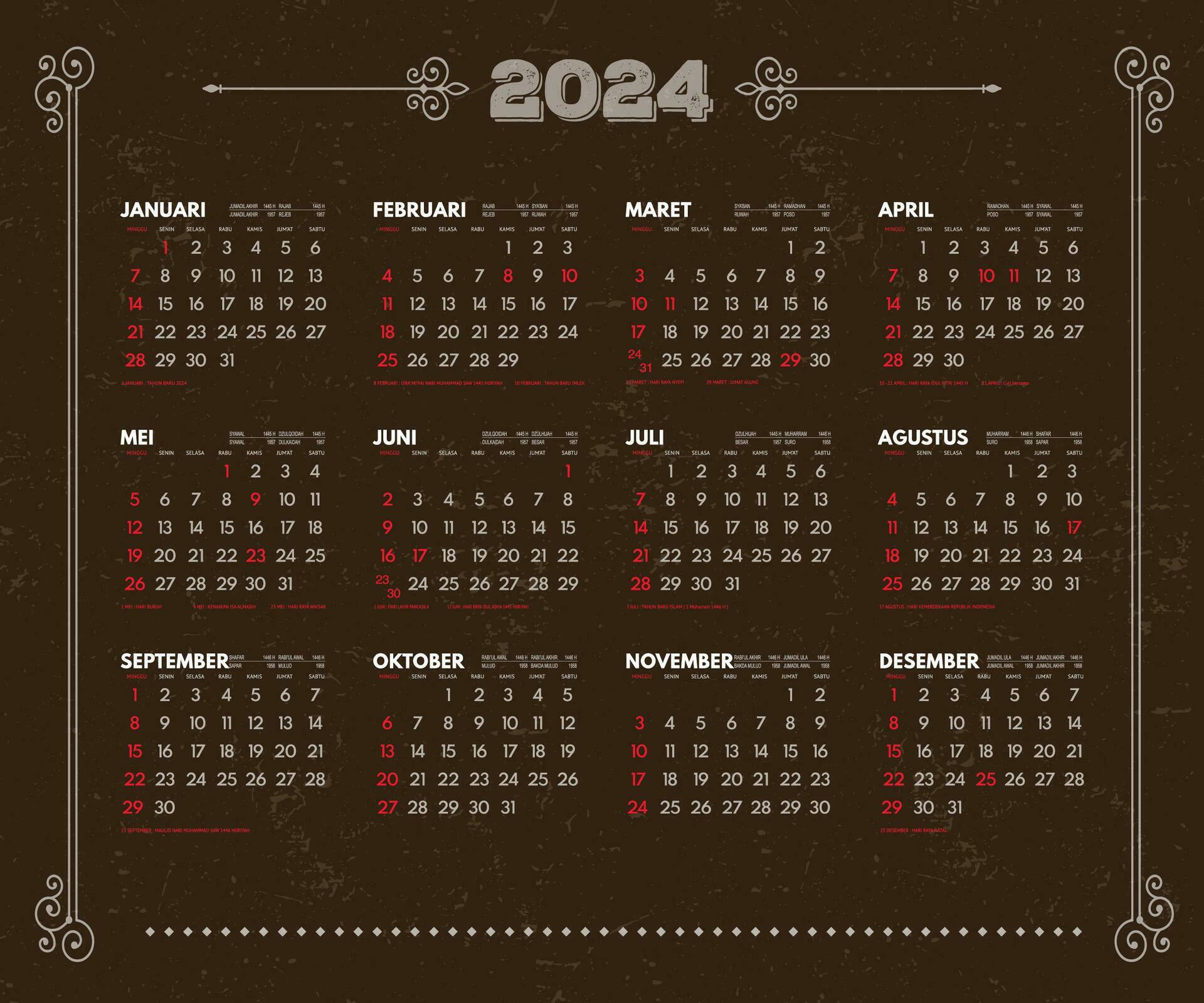 2024 calendar template, 2024 Indonesian calendar complete with national