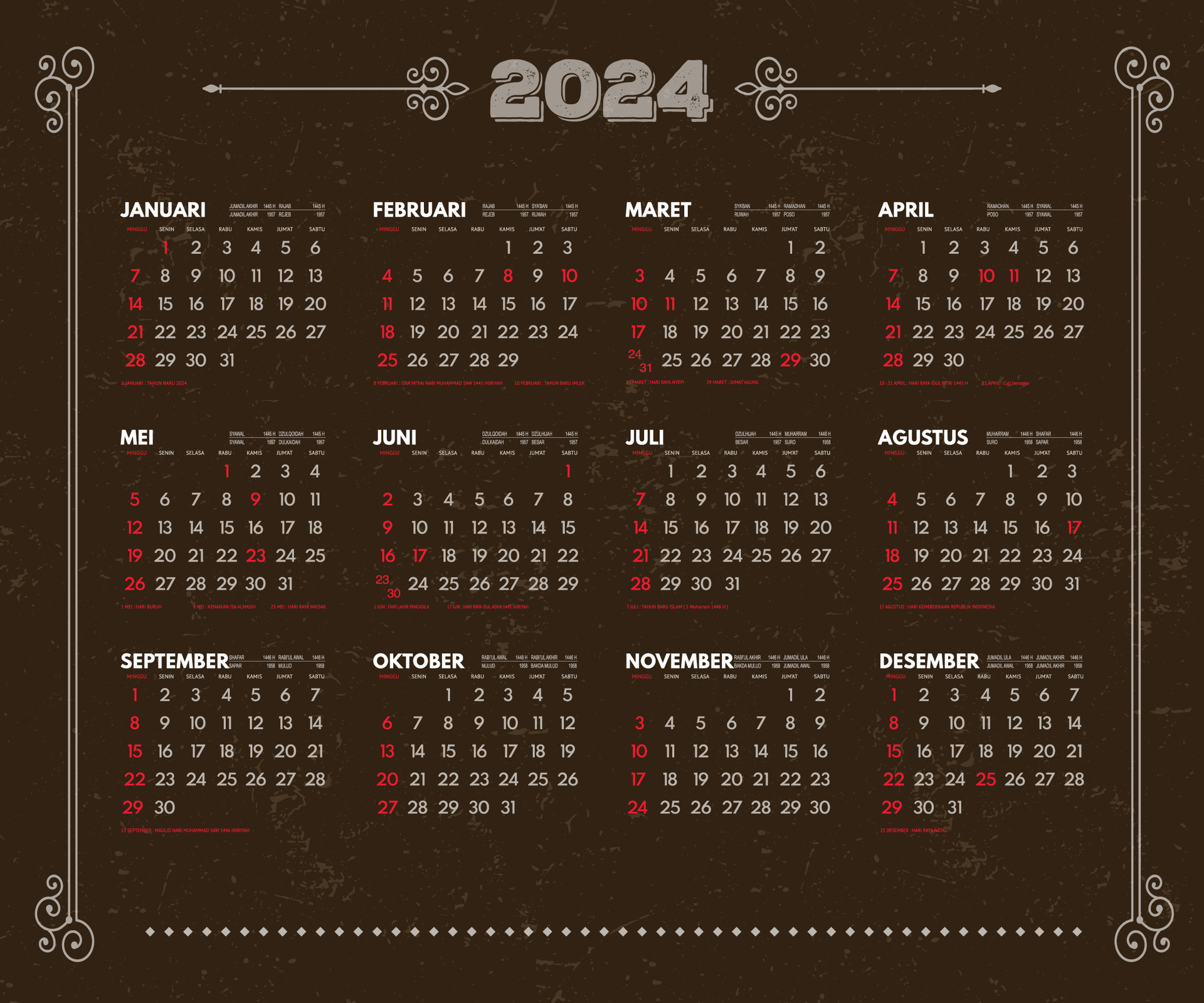 2024 calendar template, 2024 Indonesian calendar complete with national