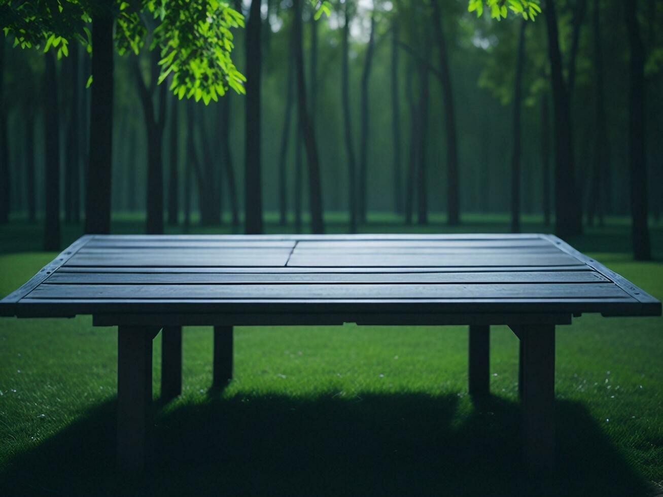 Wooden table and blur tropical green grass background, product display montage. High quality photo 8k FHD AI generated
