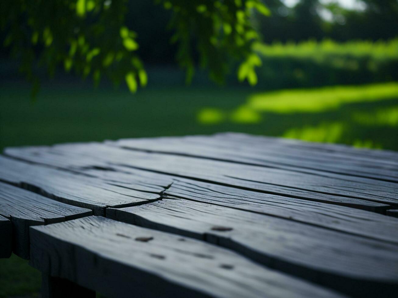 Wooden table and blur tropical green grass background, product display montage. High quality photo 8k FHD AI generated