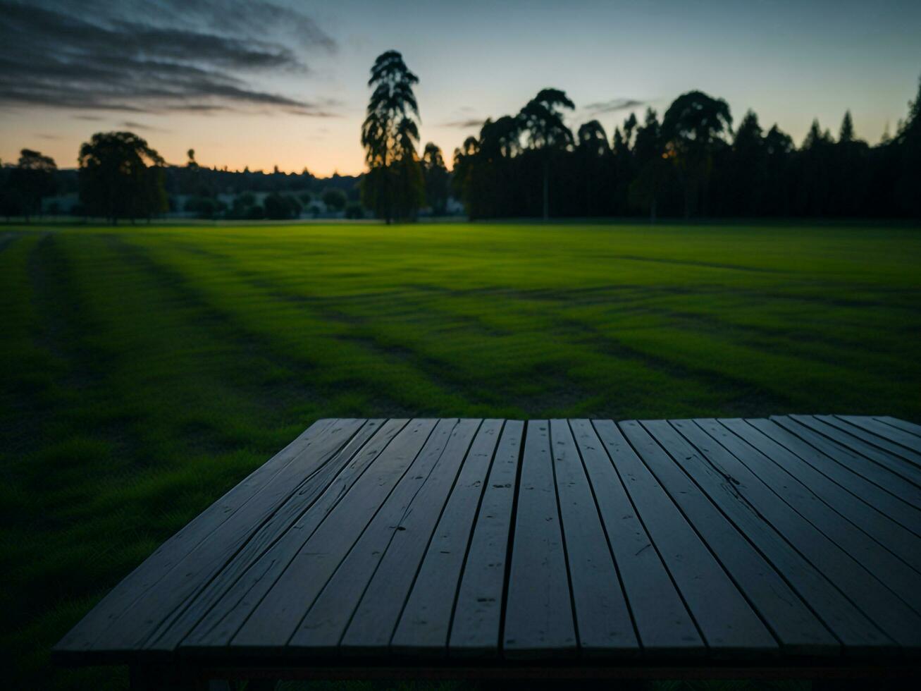 de madera mesa y difuminar tropical verde césped fondo, producto monitor montaje. alto calidad foto 8k fhd ai generado