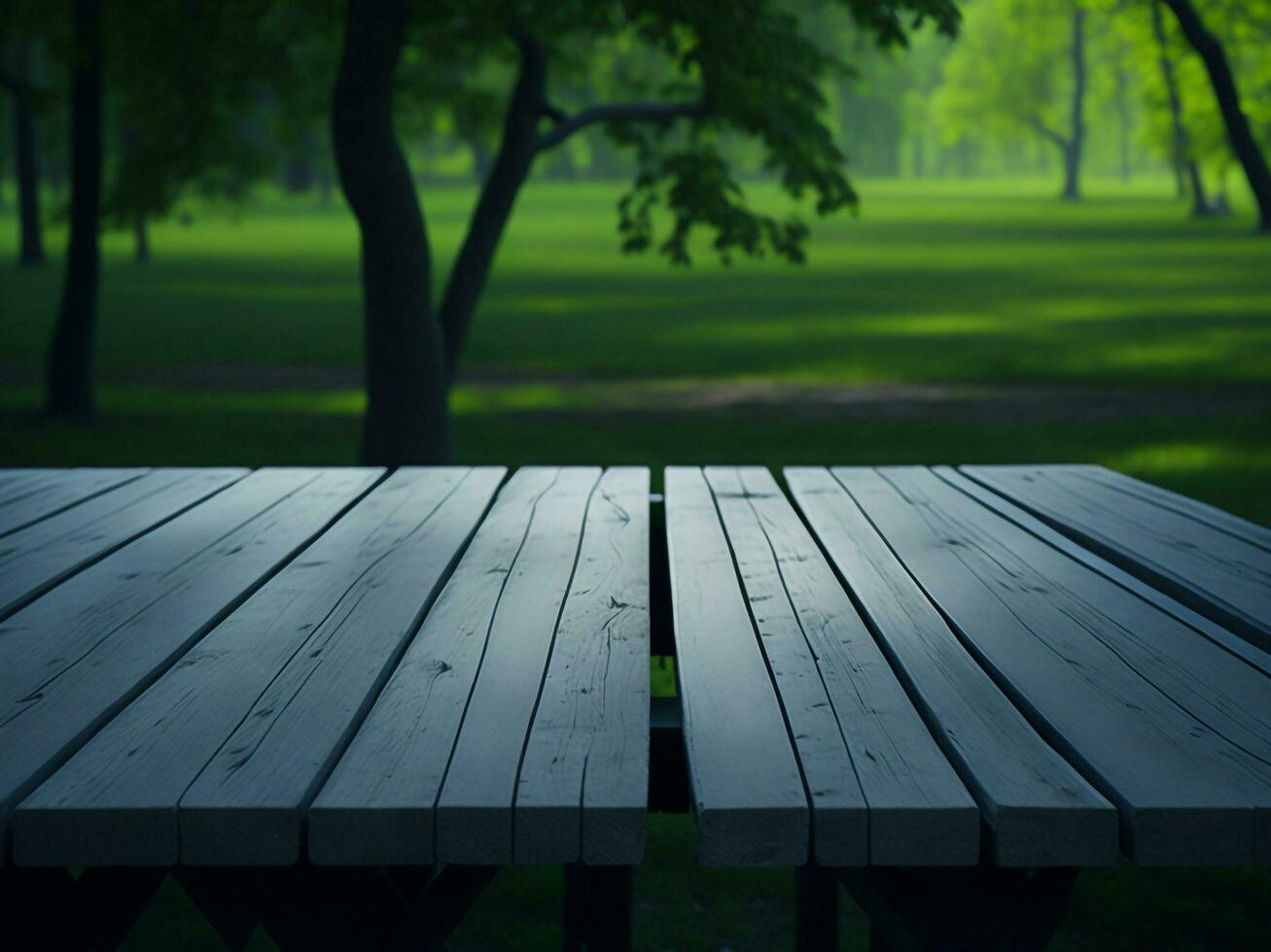 Wooden table and blur tropical green grass background, product display montage. High quality photo 8k FHD AI generated
