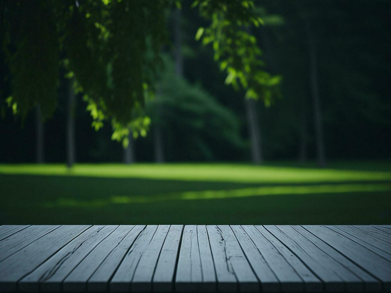 Wooden table and blur tropical green grass background, product display montage. High quality photo 8k FHD AI generated