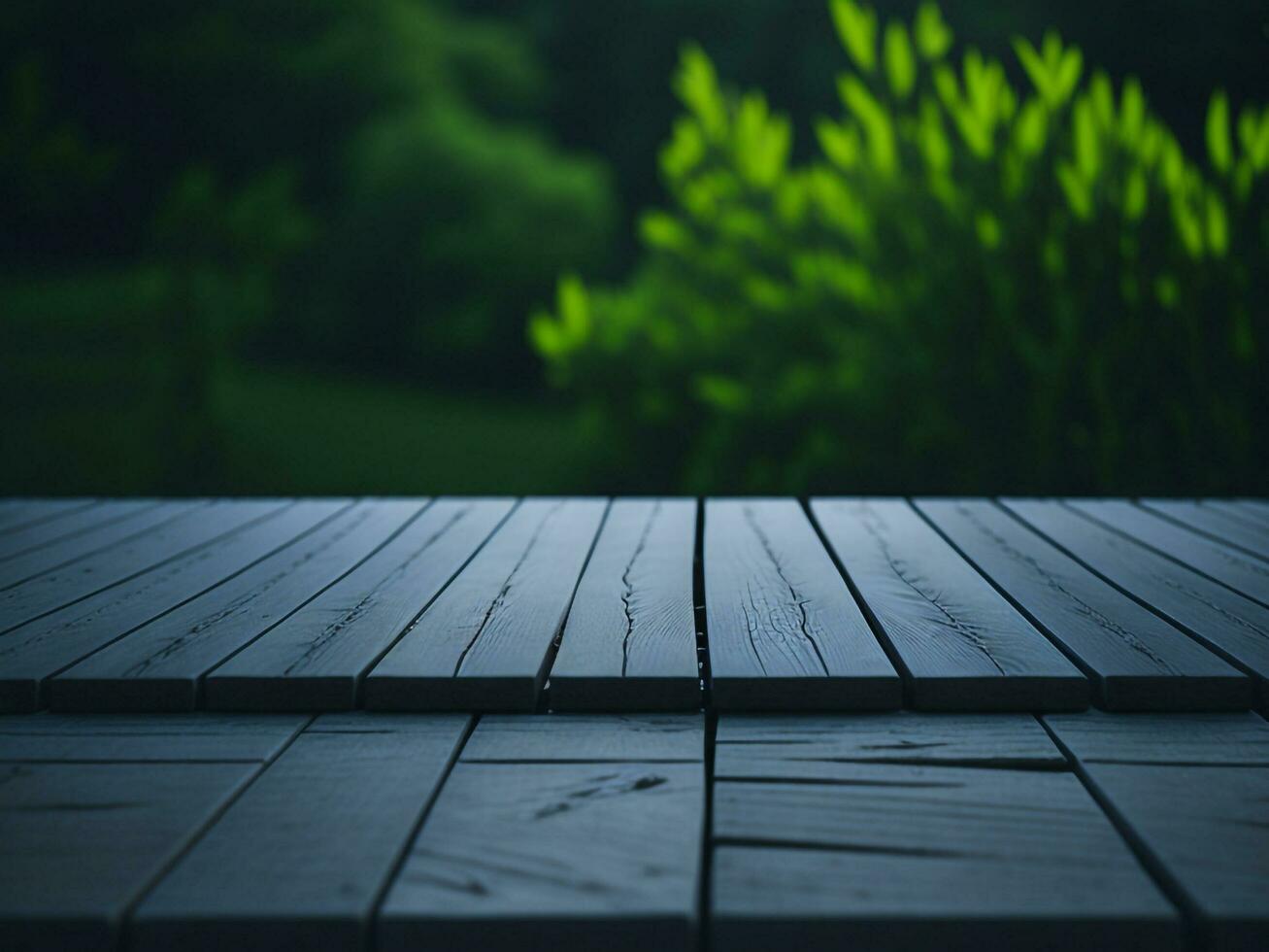 Wooden table and blur tropical green grass background, product display montage. High quality photo 8k FHD AI generated