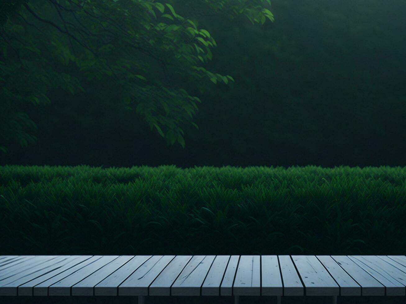 de madera mesa y difuminar tropical verde césped fondo, producto monitor montaje. alto calidad foto 8k fhd ai generado