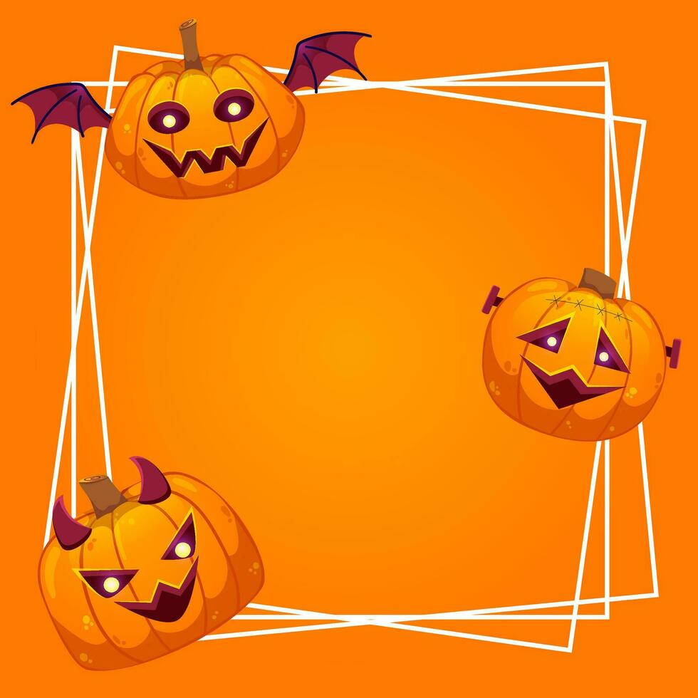 Happy Halloween frame template with pumpkins isolated on orange background. Colorful vector in cartoon style.