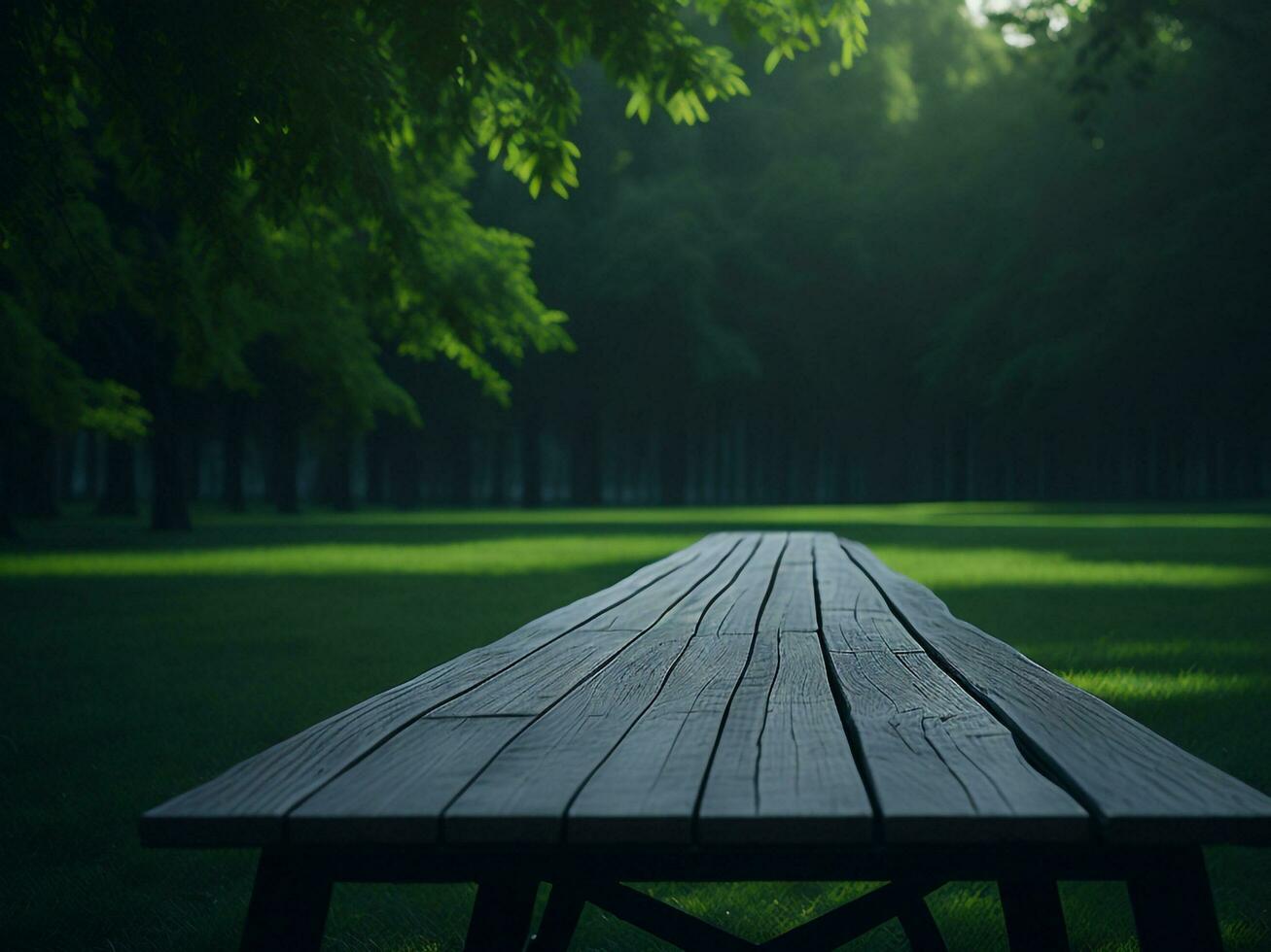 Wooden table and blur tropical green grass background, product display montage. High quality photo 8k FHD AI generated