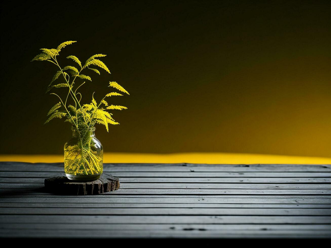 Wooden table and blur tropical green grass background, product display montage. High quality photo 8k FHD AI generated