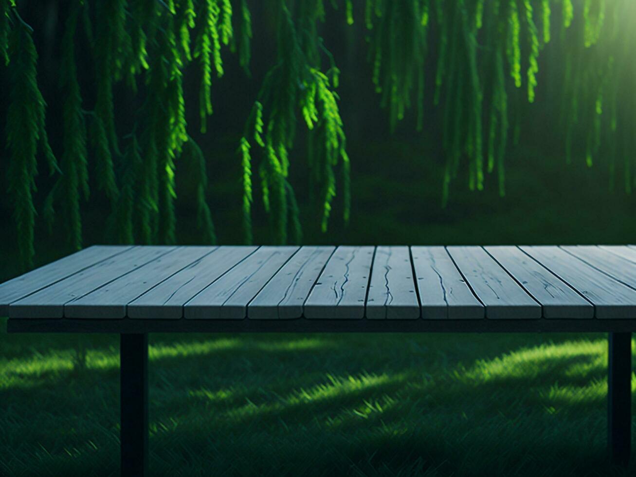 Wooden table and blur tropical green grass background, product display montage. High quality photo 8k FHD AI generated