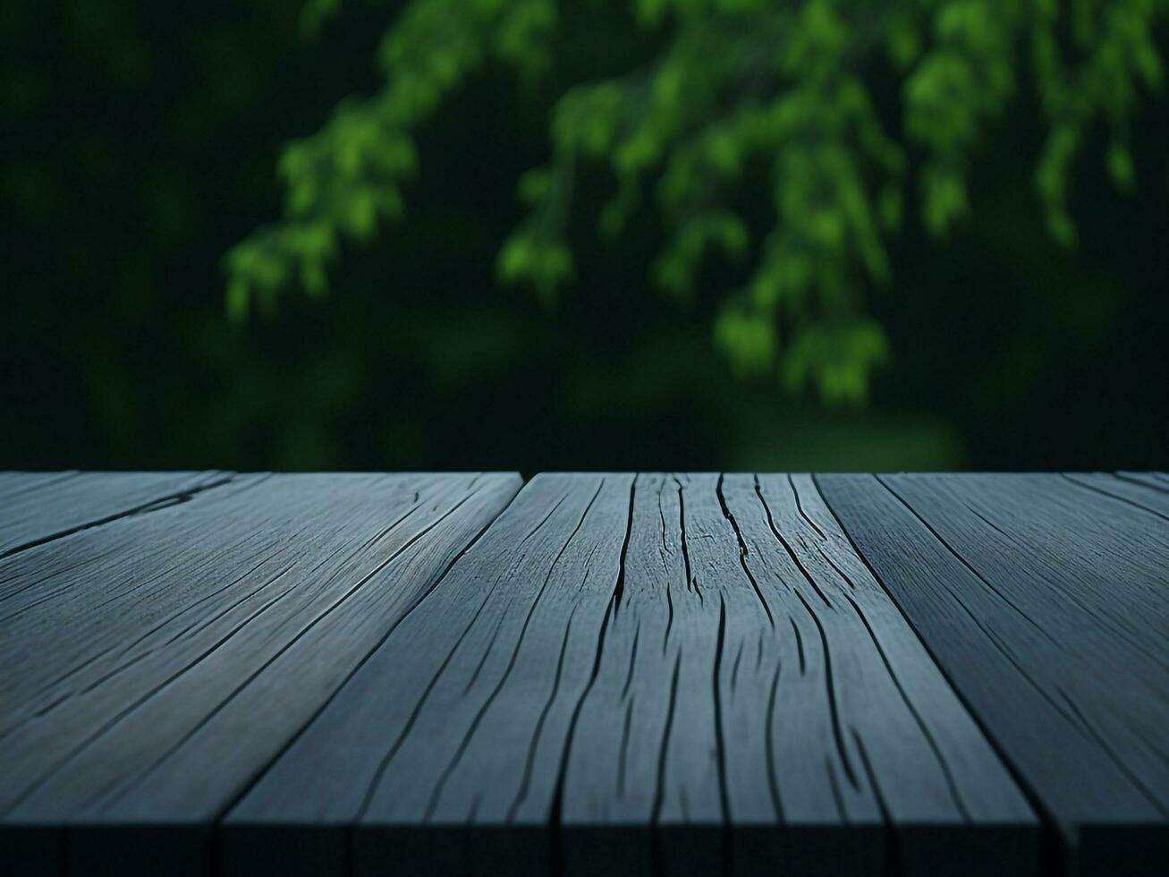 Wooden table and blur tropical green grass background, product display montage. High quality photo 8k FHD AI generated