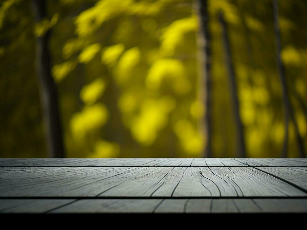 Wooden table and blur tropical green grass background, product display montage. High quality photo 8k FHD AI generated