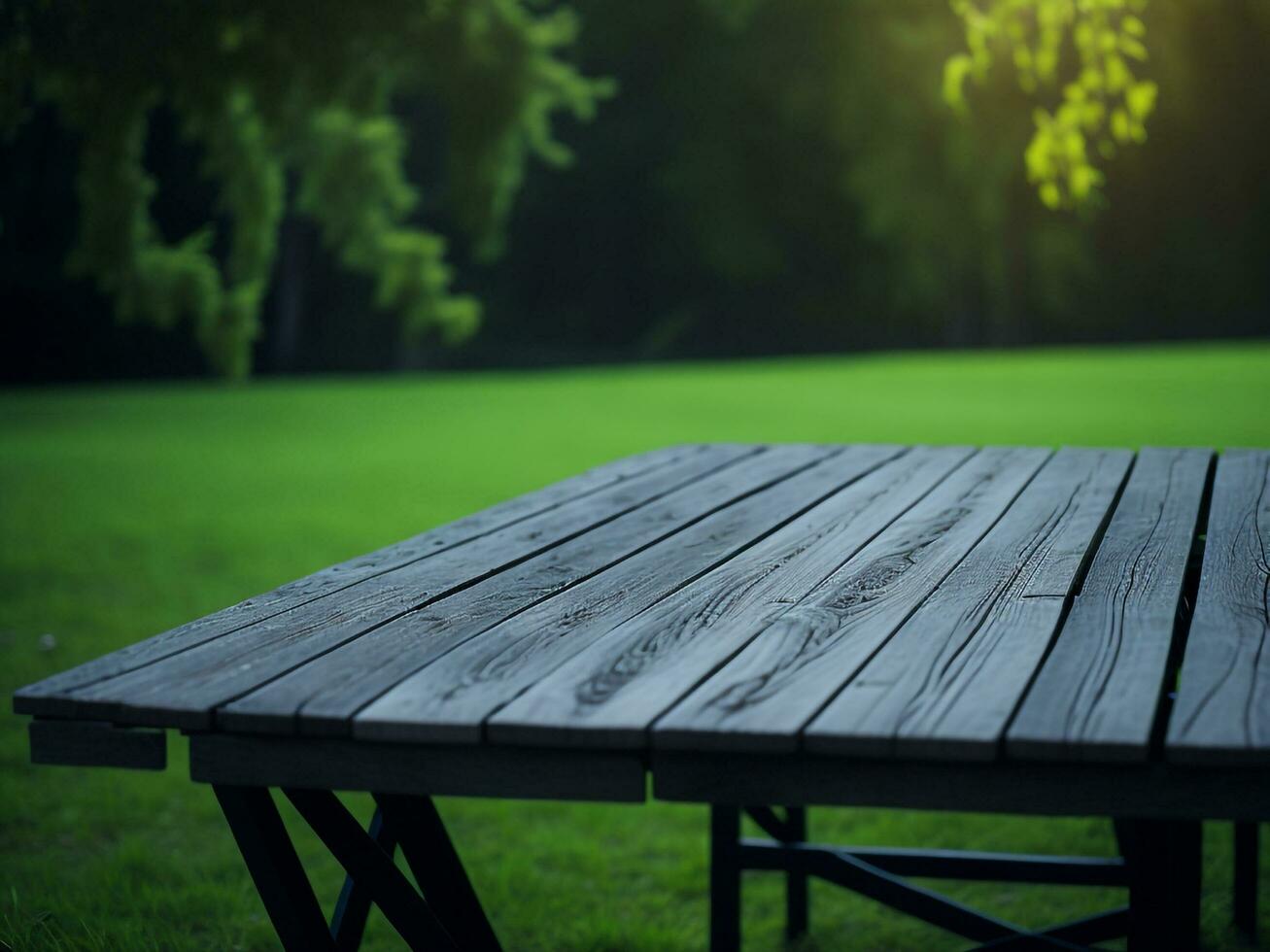 Wooden table and blur tropical green grass background, product display montage. High quality photo 8k FHD AI generated