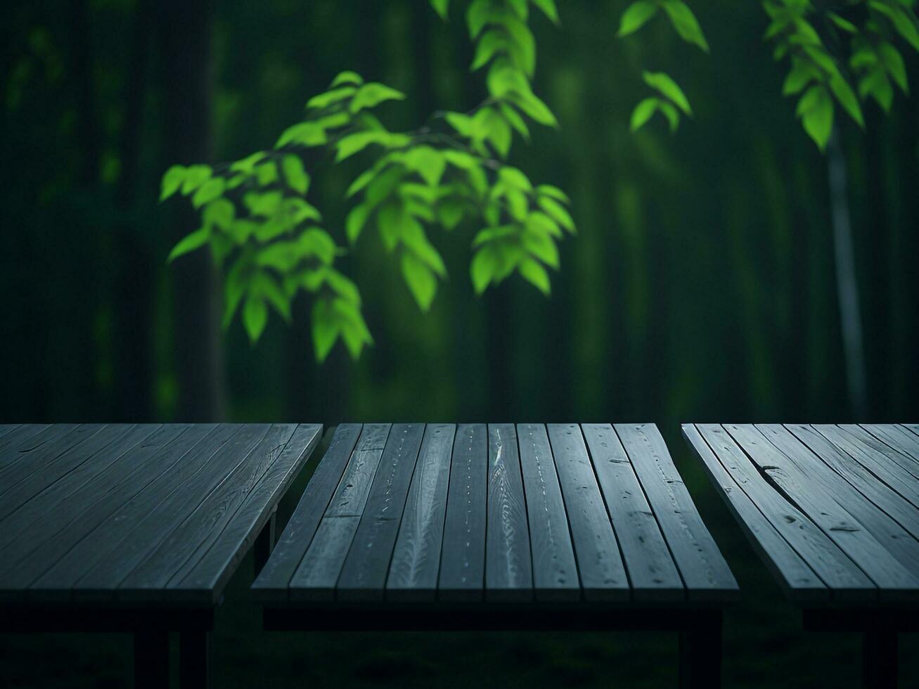 Wooden table and blur tropical green grass background, product display montage. High quality photo 8k FHD AI generated