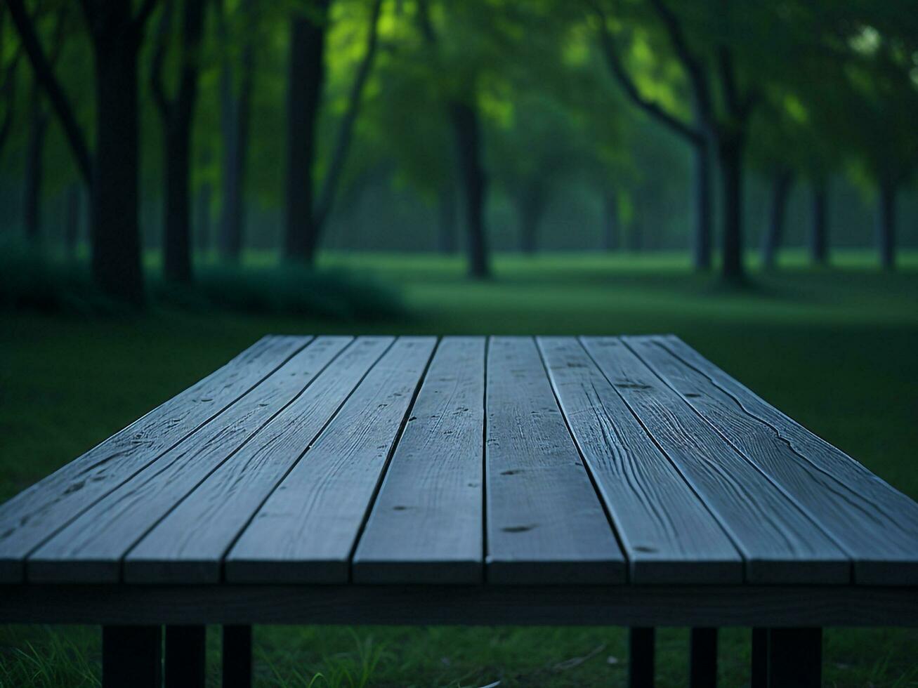 Wooden table and blur tropical green grass background, product display montage. High quality photo 8k FHD AI generated