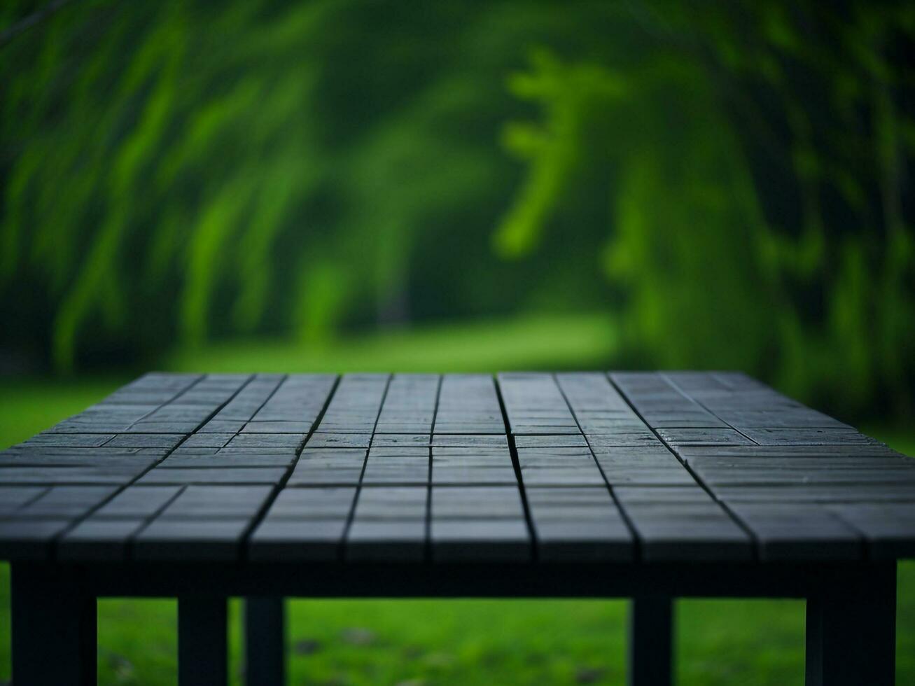 Wooden table and blur tropical green grass background, product display montage. High quality photo 8k FHD AI generated