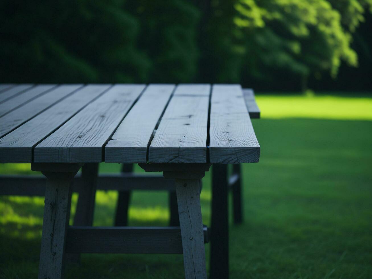 Wooden table and blur tropical green grass background, product display montage. High quality photo 8k FHD AI generated