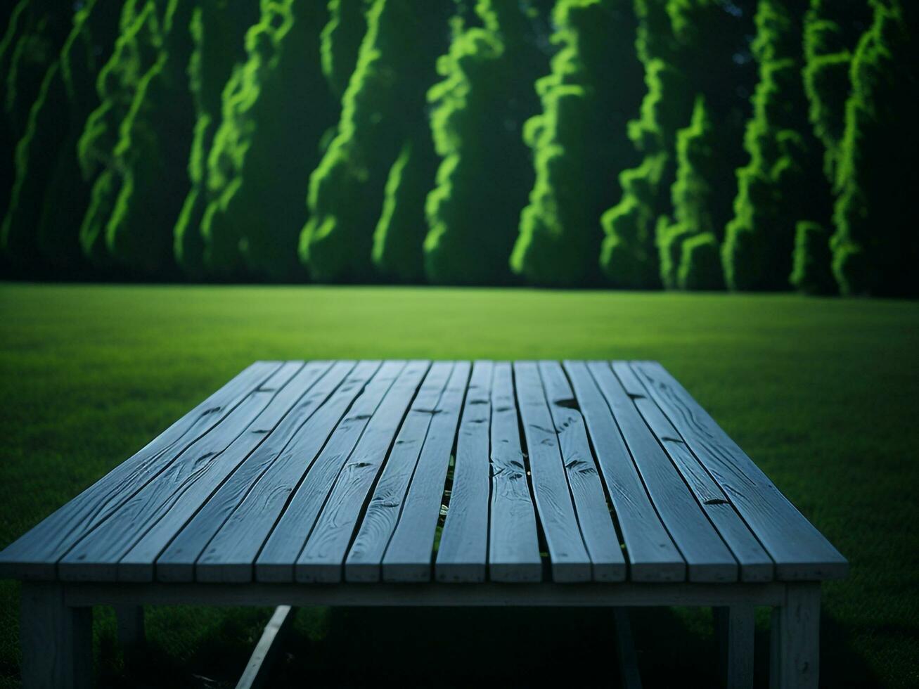 Wooden table and blur tropical green grass background, product display montage. High quality photo 8k FHD AI generated