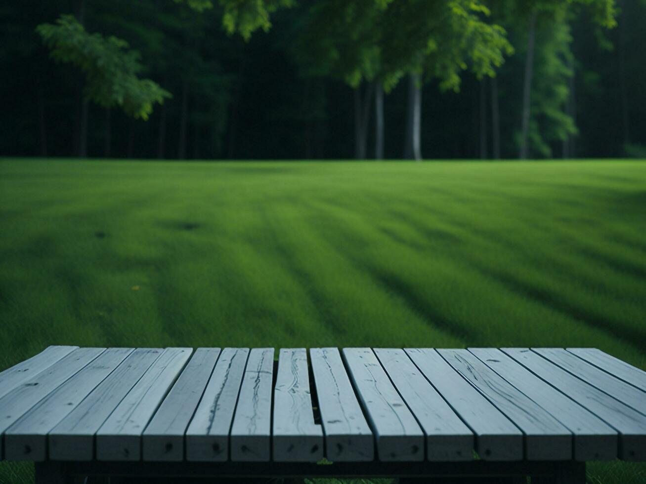 Wooden table and blur tropical green grass background, product display montage. High quality photo 8k FHD AI generated