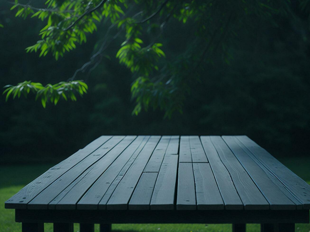Wooden table and blur tropical green grass background, product display montage. High quality photo 8k FHD AI generated