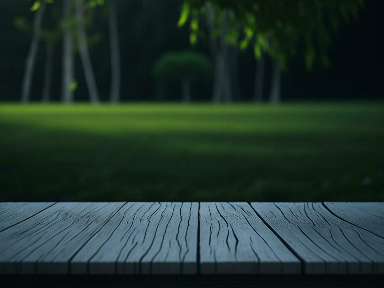 Wooden table and blur tropical green grass background, product display montage. High quality photo 8k FHD AI generated