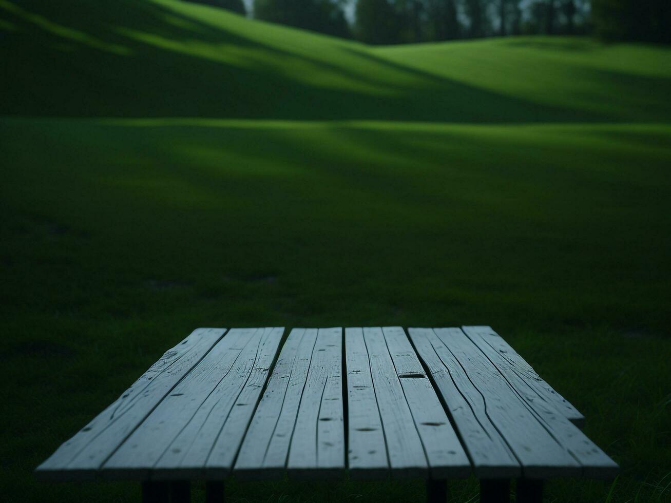 Wooden table and blur tropical green grass background, product display montage. High quality photo 8k FHD AI generated