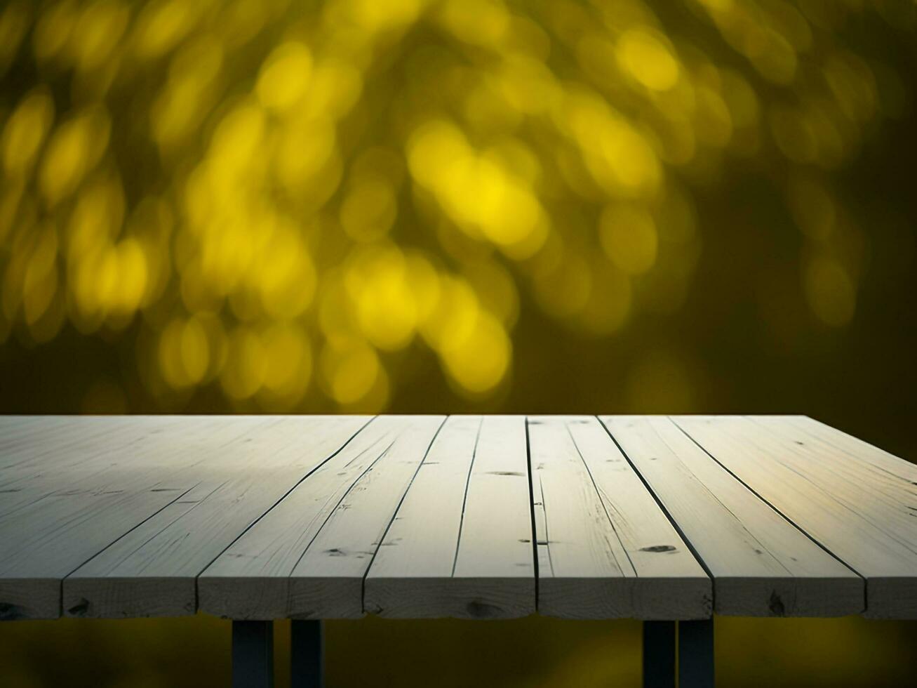 Wooden table and blur tropical green grass background, product display montage. High quality photo 8k FHD AI generated