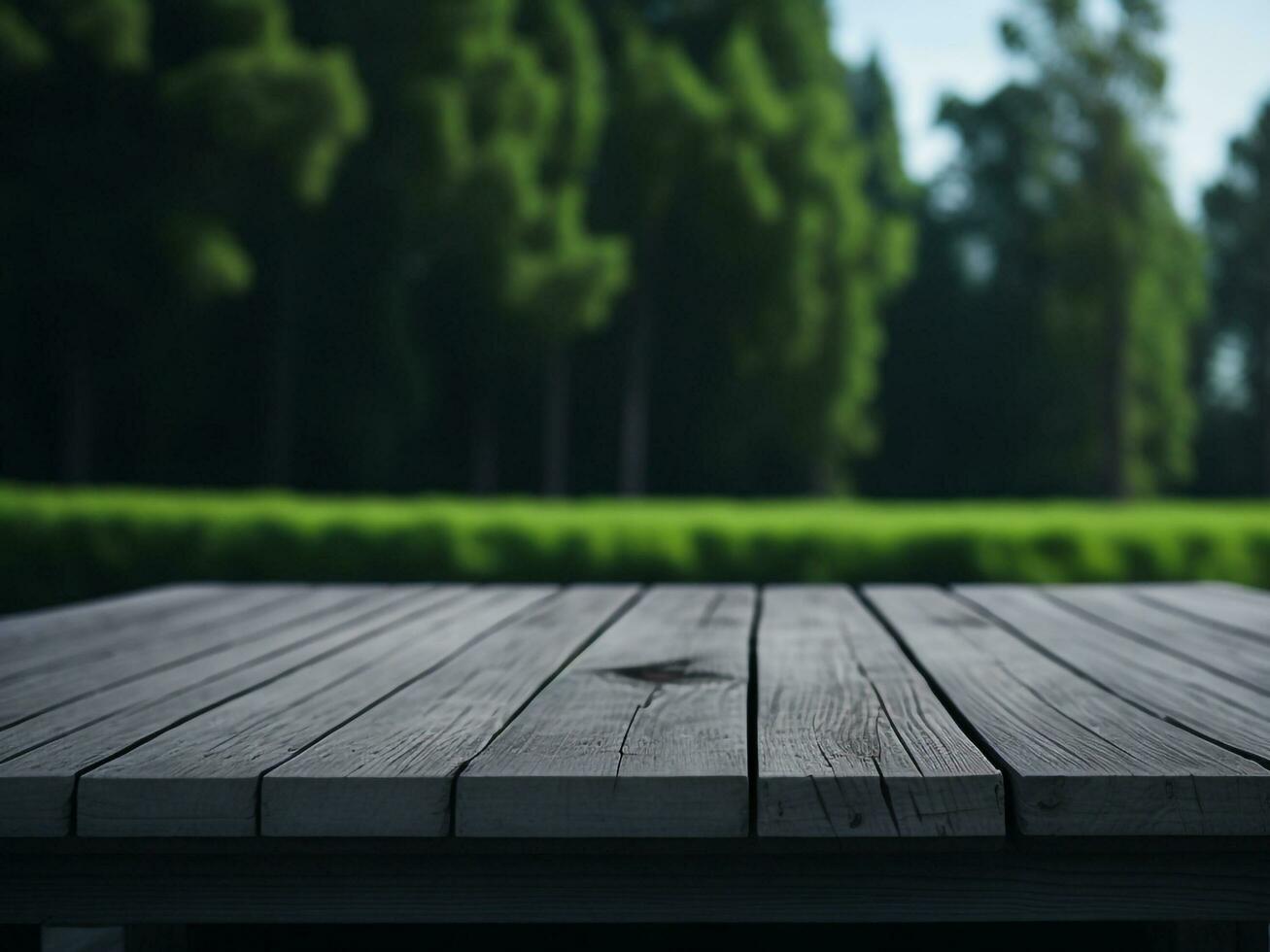 Wooden table and blur tropical green grass background, product display montage. High quality photo 8k FHD AI generated