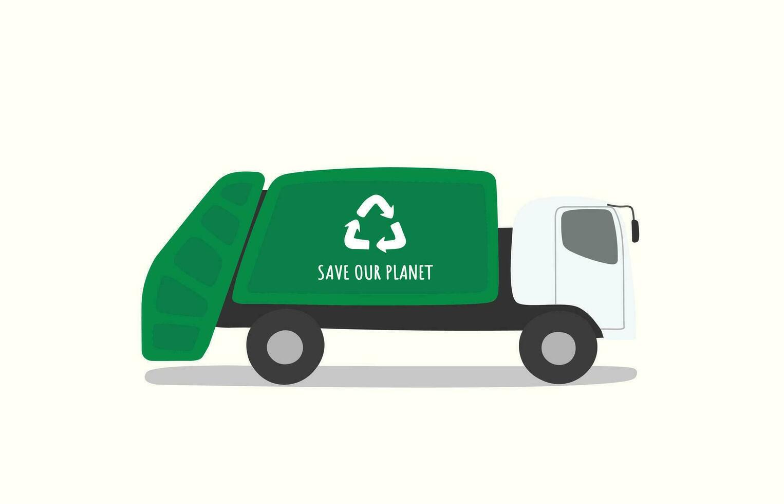 Simple cartoon green garbage truck illustration flat vector. Hand drawn specialty vehicles icon. Transportation element in kid drawing style. vector