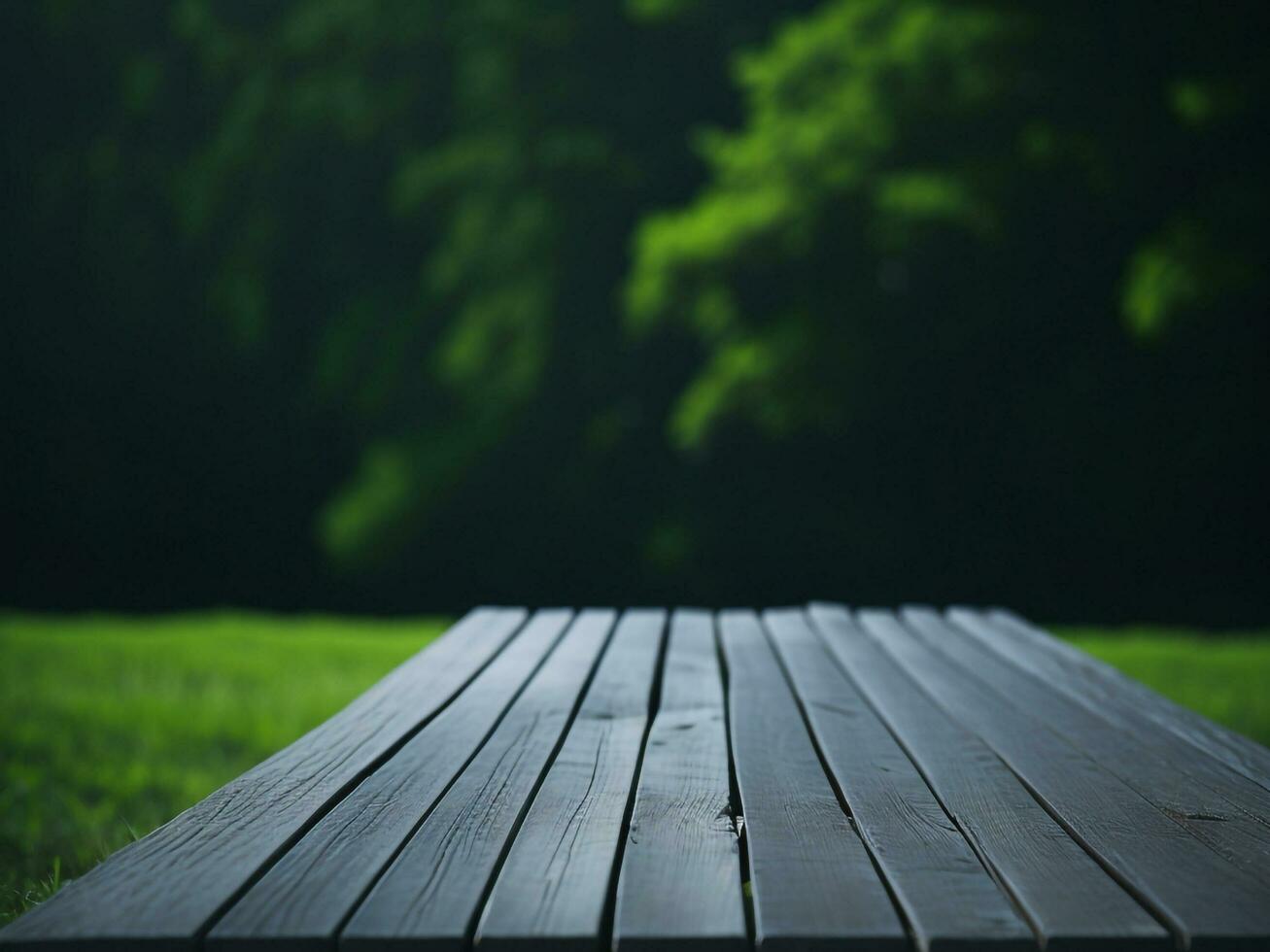 Wooden table and blur tropical green grass background, product display montage. High quality photo 8k FHD AI generated