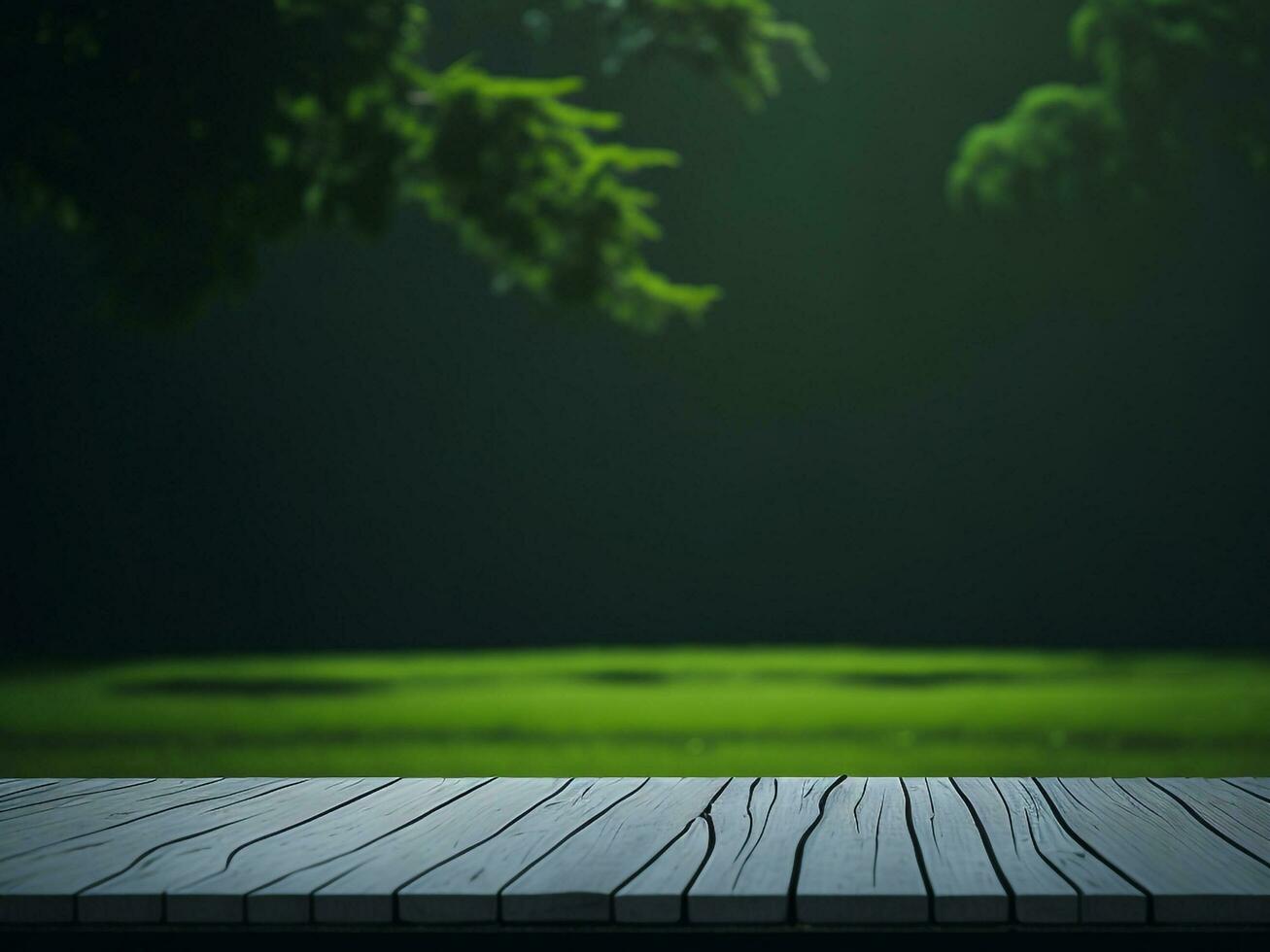 Wooden table and blur tropical green grass background, product display montage. High quality photo 8k FHD AI generated