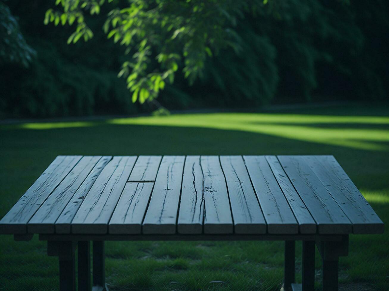 Wooden table and blur tropical green grass background, product display montage. High quality photo 8k FHD AI generated