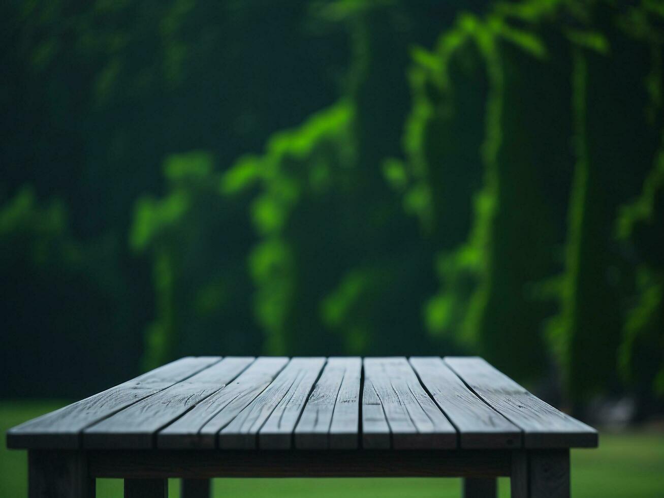 Wooden table and blur tropical green grass background, product display montage. High quality photo 8k FHD AI generated