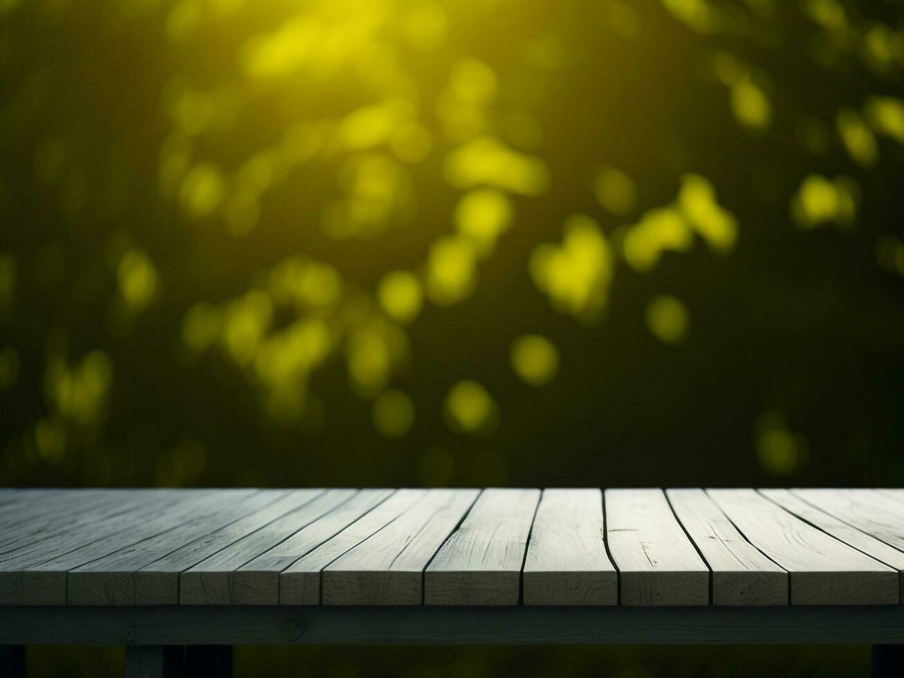 Wooden table and blur tropical green grass background, product display montage. High quality photo 8k FHD AI generated