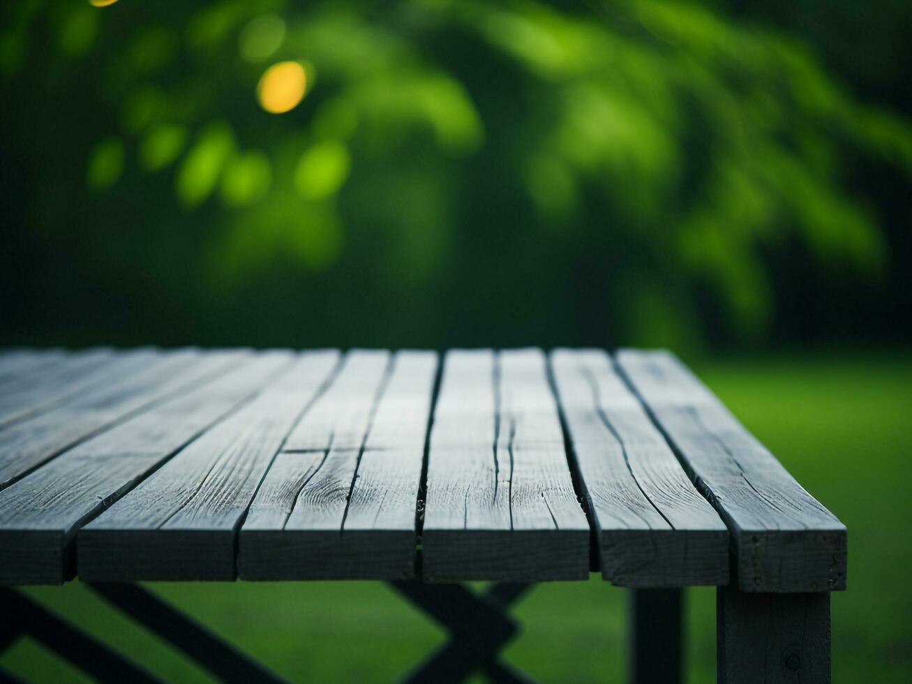 Wooden table and blur tropical green grass background, product display montage. High quality photo 8k FHD AI generated
